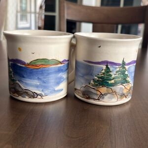Signed Baum Studio Pottery Mugs Hand Thrown Mountain Landscape Rustic Lake set
